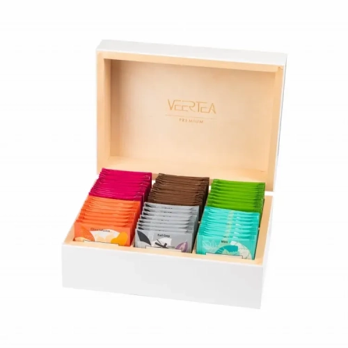 Zestaw Herbat Premium VEERTEA – Biała Drewniana Skrzynka 90 Saszetek .webp