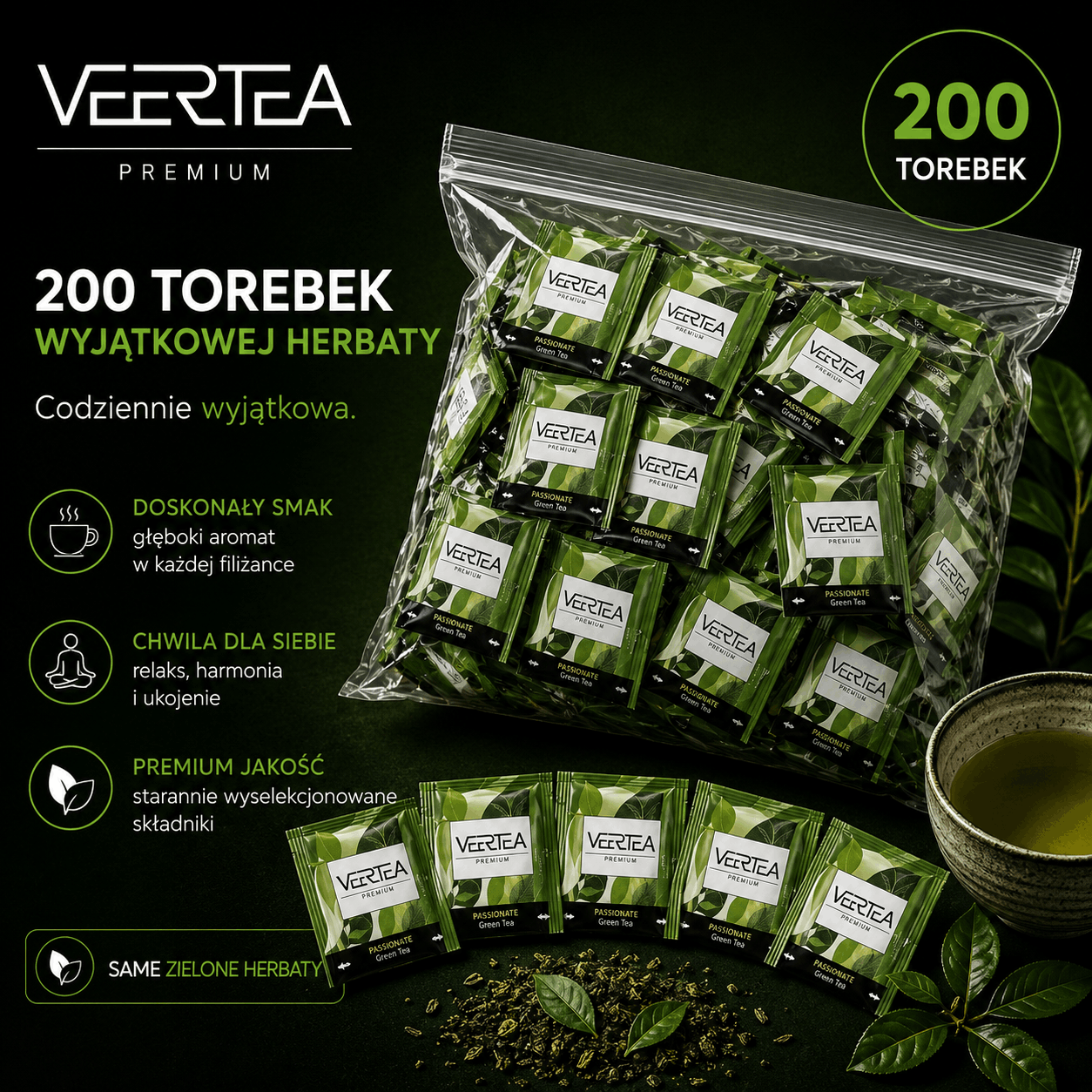 Herbata zielona w torebkach VEERTEA 200 saszetek