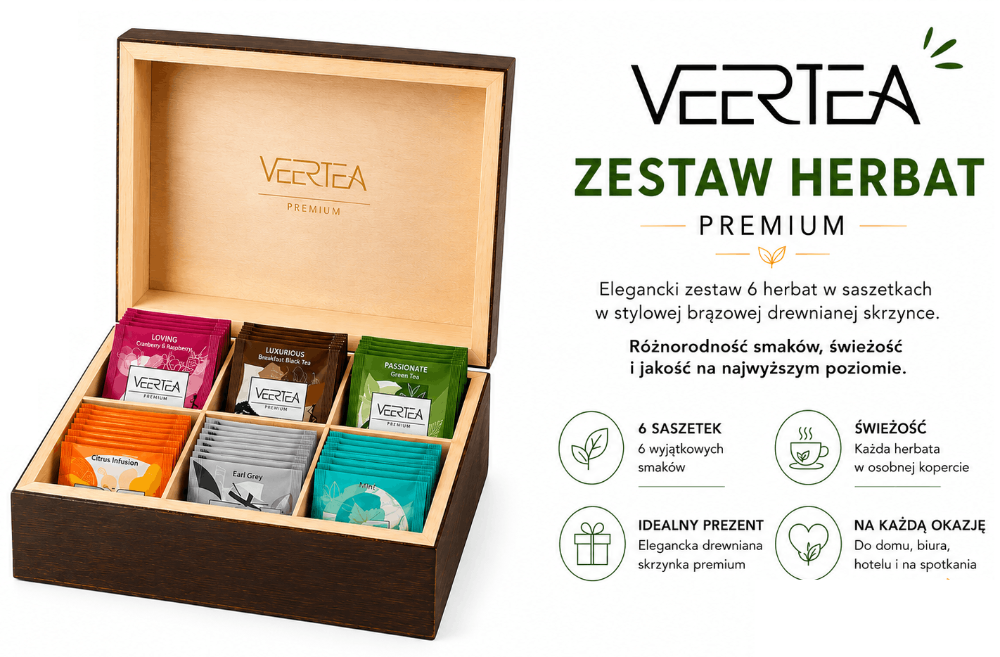 Zestaw Herbat VEERTEA Drewniana Brązowa Zamykana Skrzynka 90 Saszetek.webp
