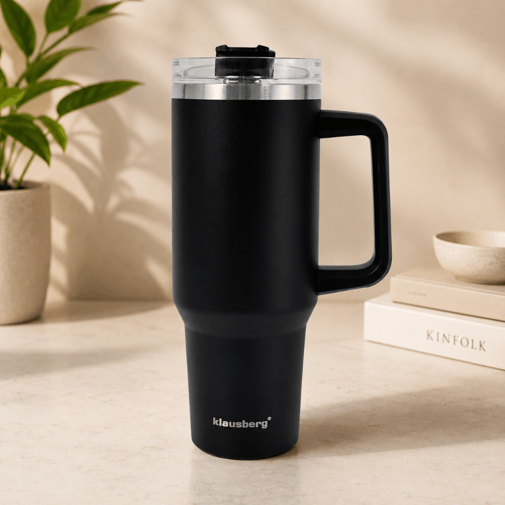 Kubek Termiczny Klausberg KB-7942 1100 ml – Czarny ze Słomką, Stal Nierdzewna