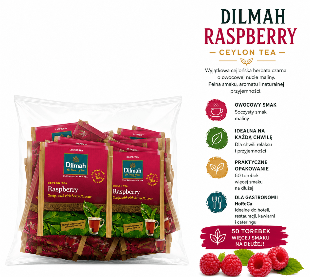 Herbata Dilmah Raspberry Ceylon Tea 50 kopert Herbata z Maliną Dilmah do codziennego parzenia.webp