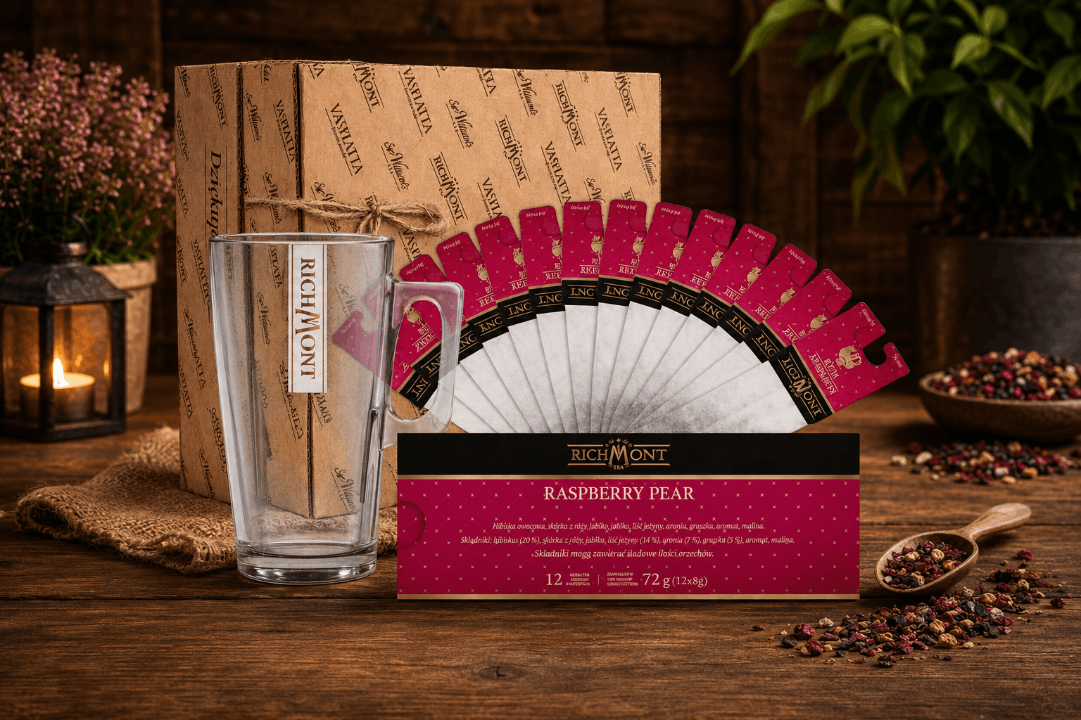 Herbata Richmont Raspberry Pear 12 saszetek + Szklanka Richmont Hot 370ml