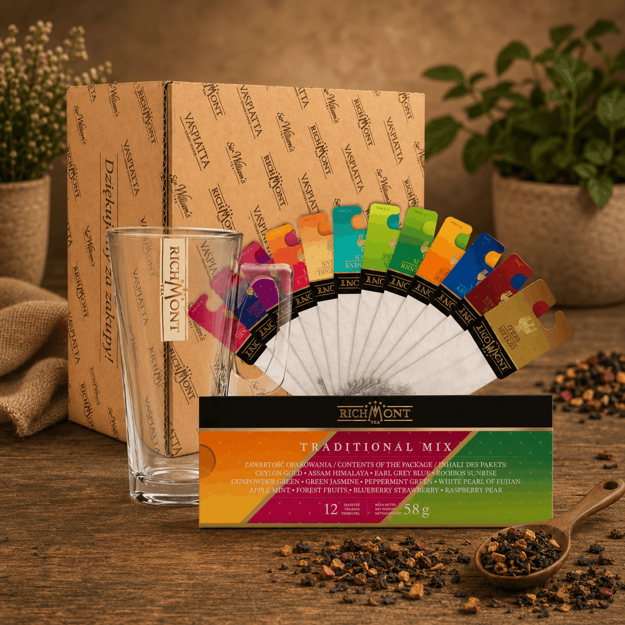 Richmont Mix Traditional, zestaw herbat Richmont, herbata Richmont, herbata premium, zestaw prezentowy z herbatą, kubek z wieczkiem, porcelanowy kubek do herbaty, herbaty w saszetkach, Richmont Tea, elegancki prezent, zestaw herbaciany, klasyczne herbaty